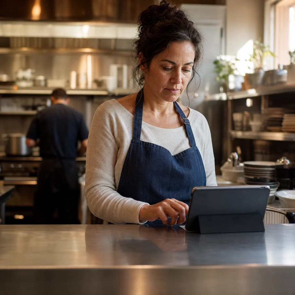 A restaurant owner at the pass of her kitchen checking a tablet, a cook working at the range behind her